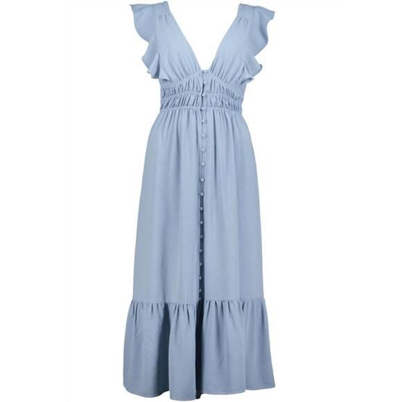Bishop & Young Sea Blue Santorini Midi Ruffle Dress Women's XS Coquette Cottage - Picture 3 of 9